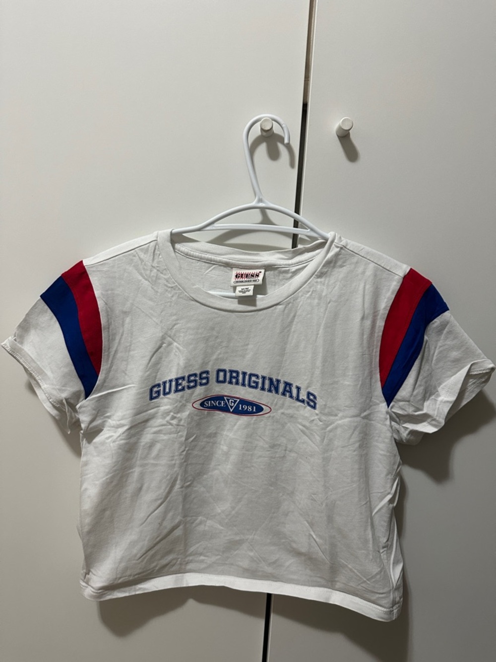 Guess White Cropped Tee with Red & Blue Sleeve Panels